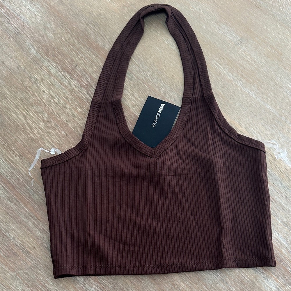 Brown Ribbed Halter Crop Top